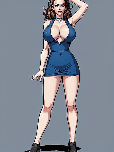 Digital Illustration of Woman in Blue Dress, Comic Style Artwork