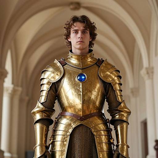 Young Man in Golden Medieval Armor with Blue Gem in Historic Archway