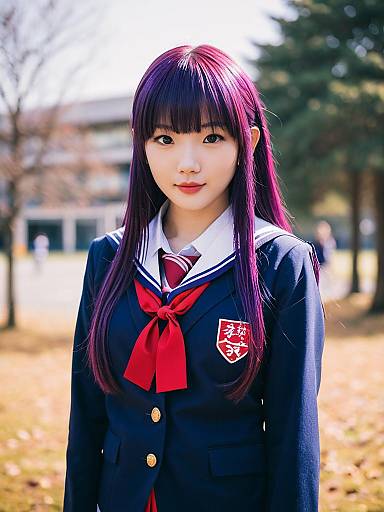 Woman with Purple Hair in Japanese School Uniform Outdoors