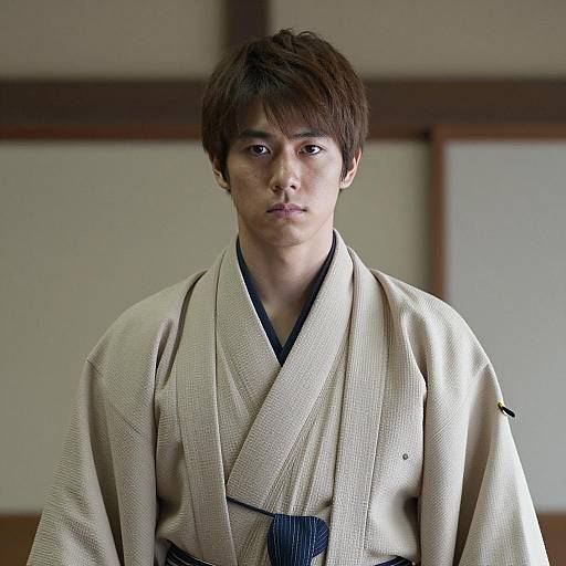 Young Man Wearing Traditional Japanese Kimono Indoor Portrait