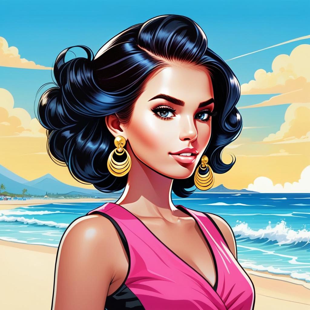 Stylized woman with dark hair and blue eyes at beach