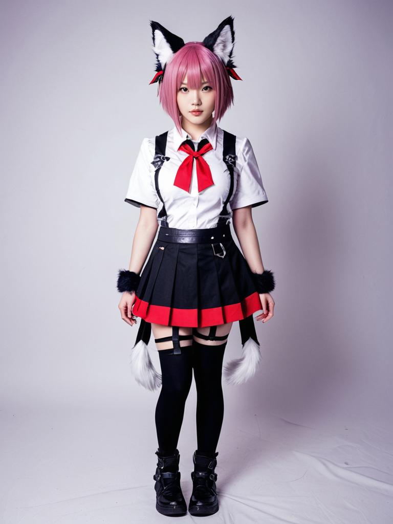 Morte Arknights Cosplay with Pink Hair and Fox Ears in Anime Style