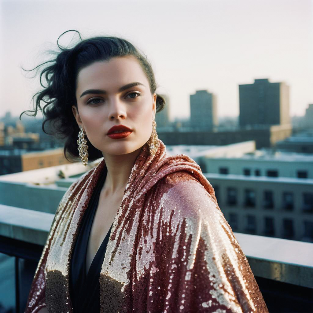 Glamorous Woman on Rooftop at Golden Hour