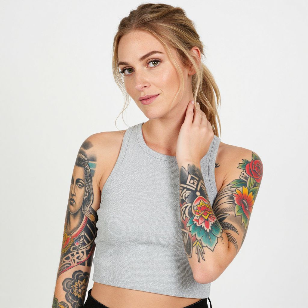 Young Woman with Colorful Neo-Traditional Tattoos in Gray Crop Top
