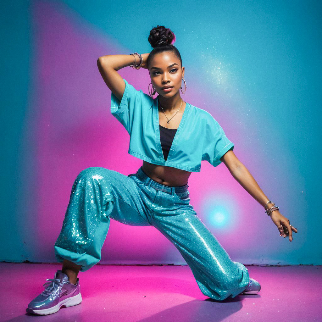 Stylish young woman dancing in vibrant pose