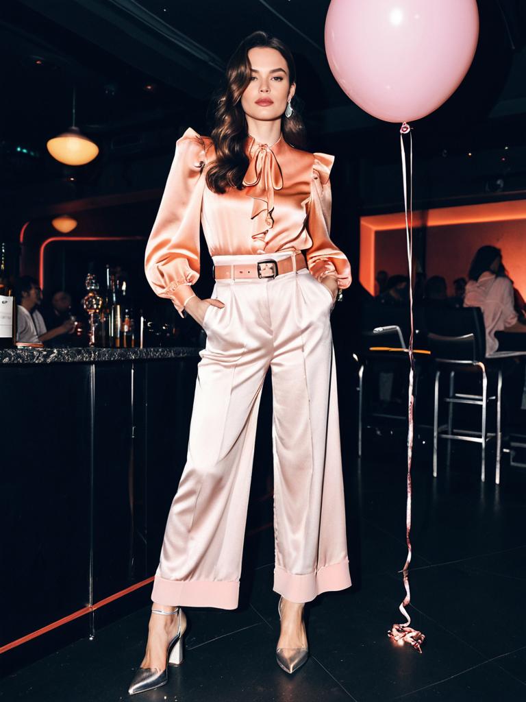 Elegant Woman in Satin Outfit with Pink Balloon at Nightclub