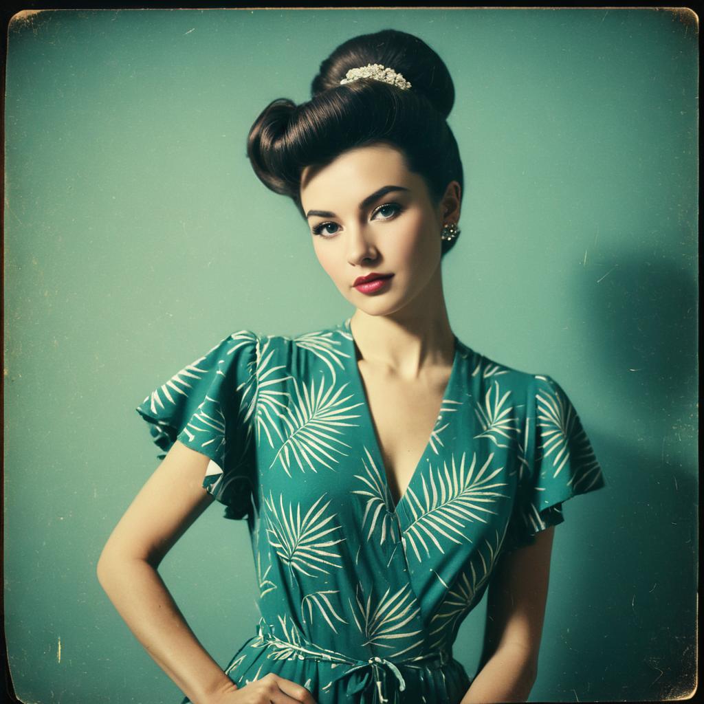 Retro Style Woman in Teal Leaf Print Dress with Vintage Hair