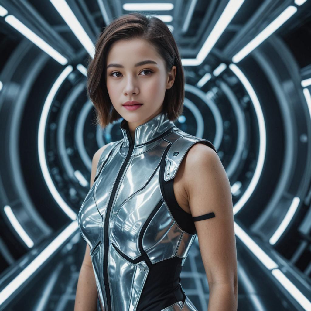 Confident Woman in Silver Futuristic Outfit in High-Tech Tunnel