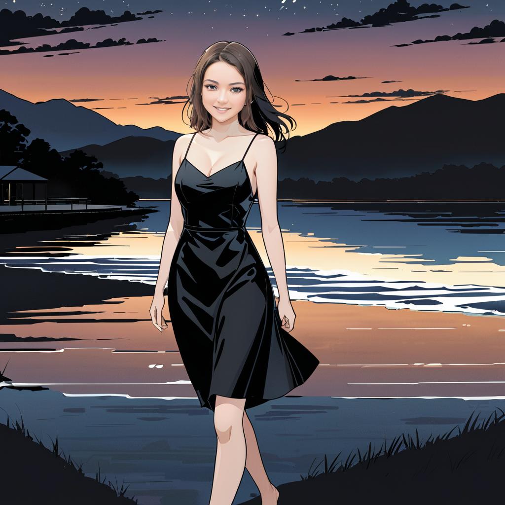 Anime Woman in Elegant Black Dress by Serene Lake at Twilight