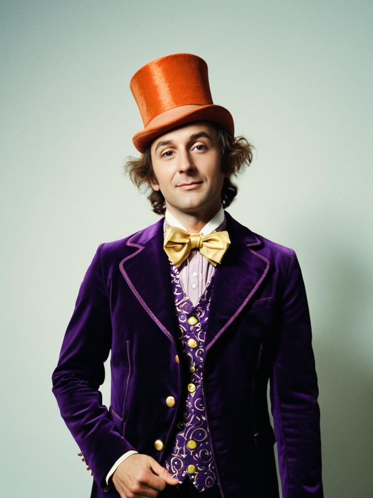 Man in Willy Wonka Costume Playful Cosplay Editorial Portrait