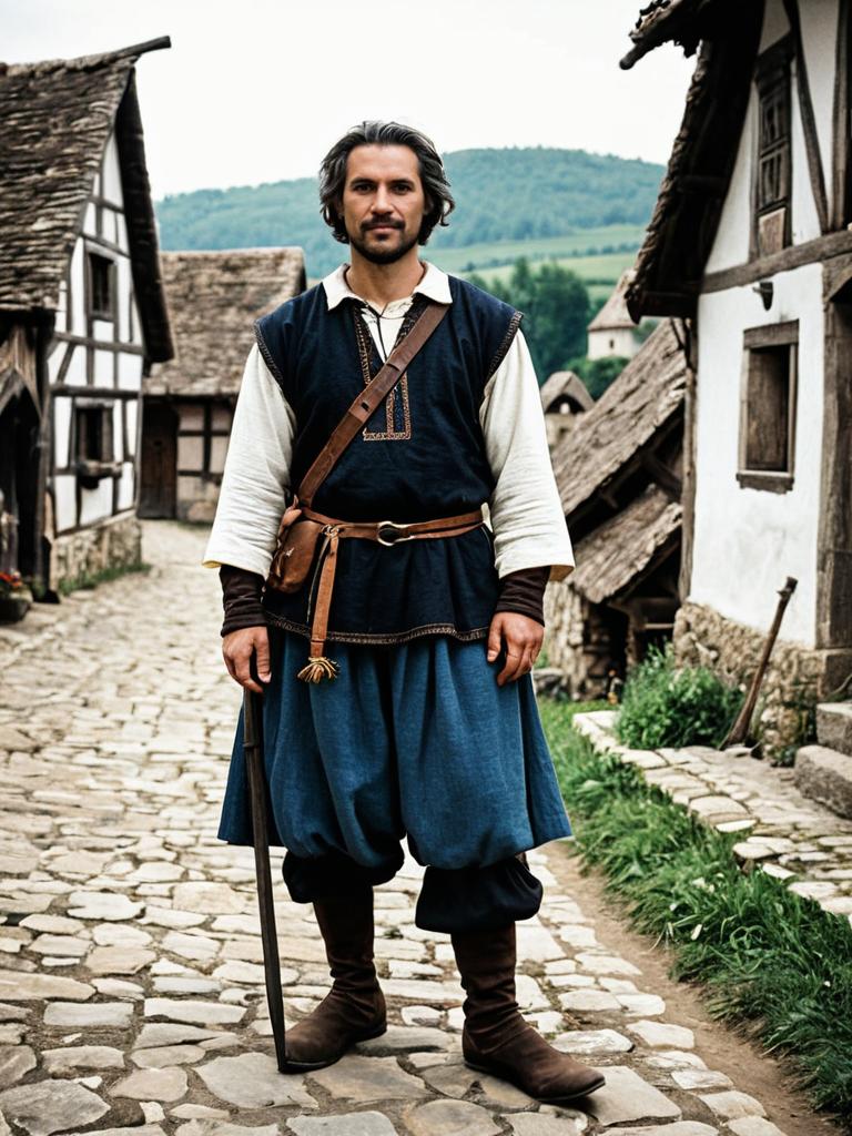 Man in Medieval Peasant Clothing Standing in Historical Village Street