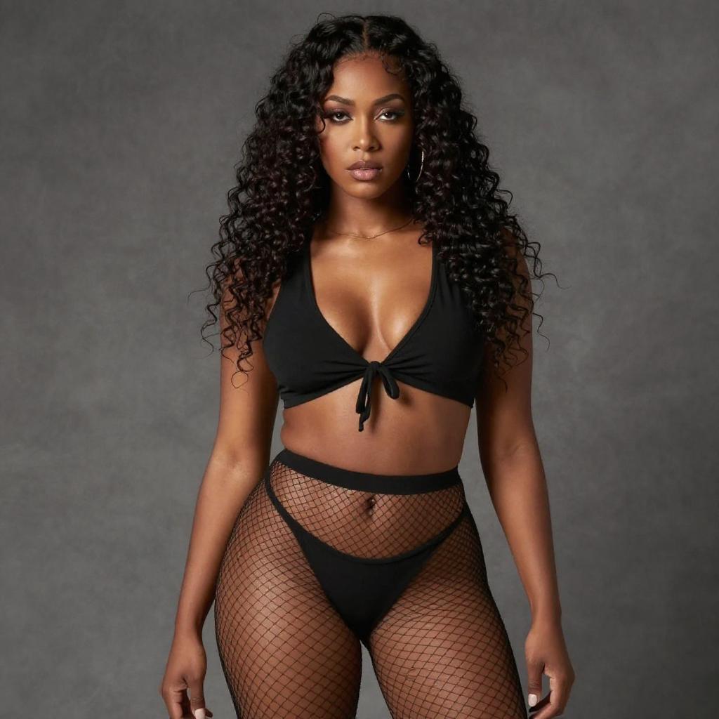Confident Woman in Gen Z Fashion Crop Top and Fishnet Stockings