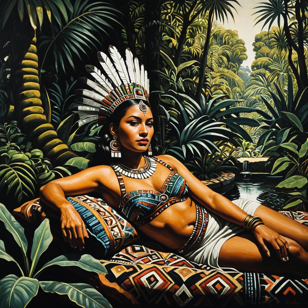 Realistic Portrait of a Woman in Tribal Headdress Reclining in Jungle Setting