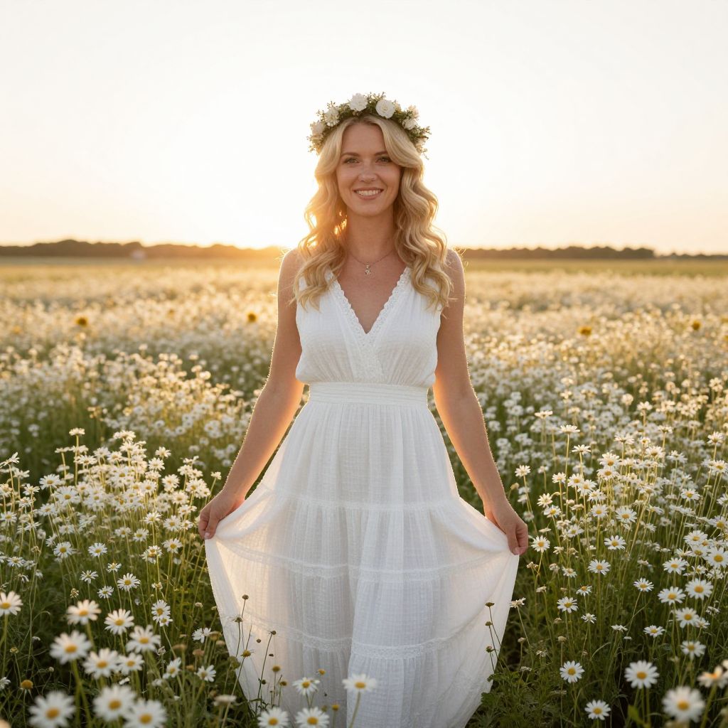 Woman in White Dress with Floral Crown in Daisy Field at Sunset