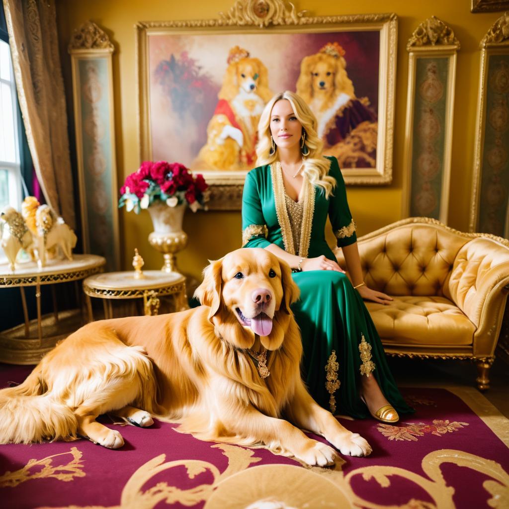 Elegant Woman with Golden Retriever in Luxurious Setting