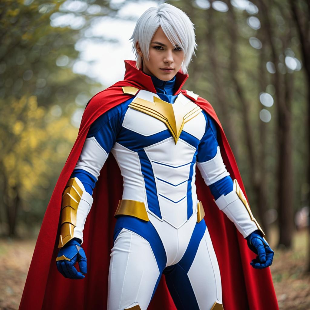 Realistic Futuristic Superhero Woman in White and Blue Armor with Red Cape Cosplay