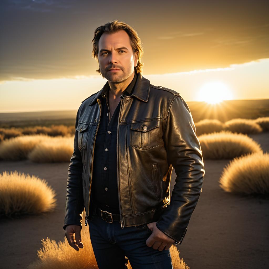 Man in Leather Jacket in Desert at Sunset