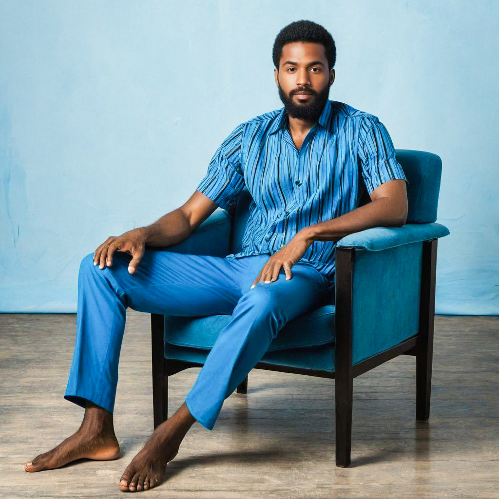 Barefoot man in blue attire sitting in armchair Barefoot man in blue attire sitting in armchair