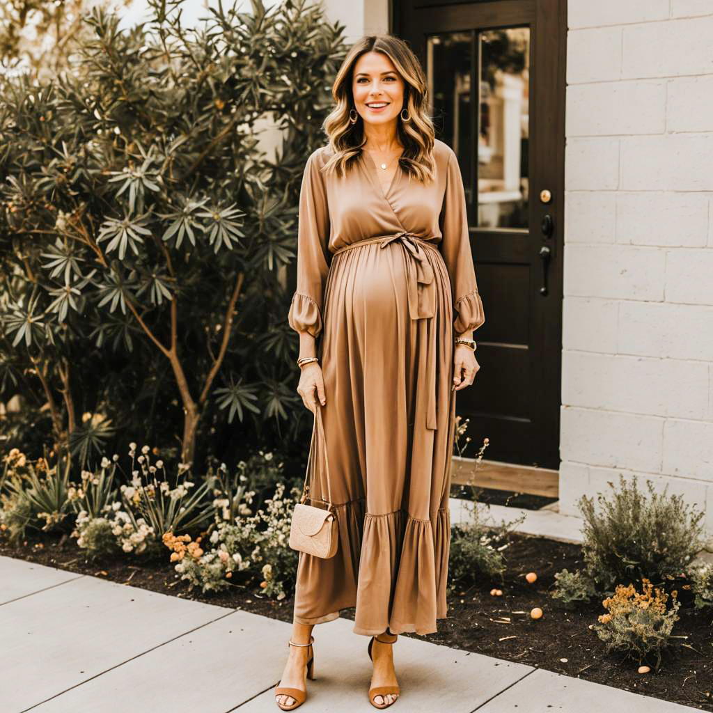 Stylish Pregnant Woman in Camel Maxi Dress Outdoors