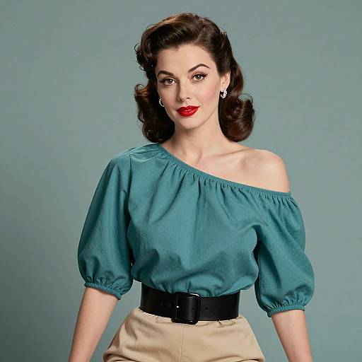 Vintage Style Woman Wearing Teal Off-Shoulder Top and High-Waisted Pants