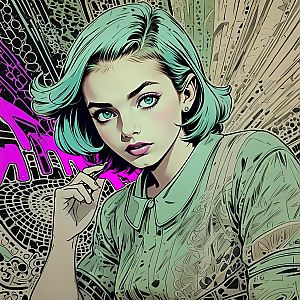 Stylized Woman with Teal Hair and Blue Eyes