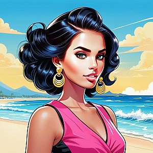 Stylized woman with dark hair and blue eyes at beach