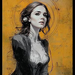Stylized Digital Portrait of a Woman with Vintage Headset on Mustard Background