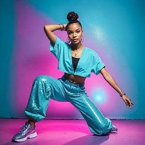 Stylish young woman dancing in vibrant pose