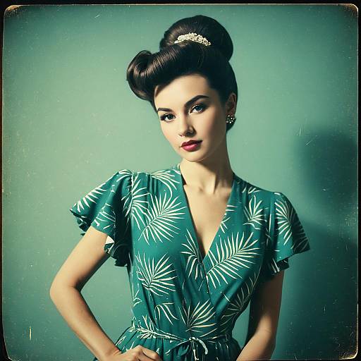 Retro Style Woman in Teal Leaf Print Dress with Vintage Hair