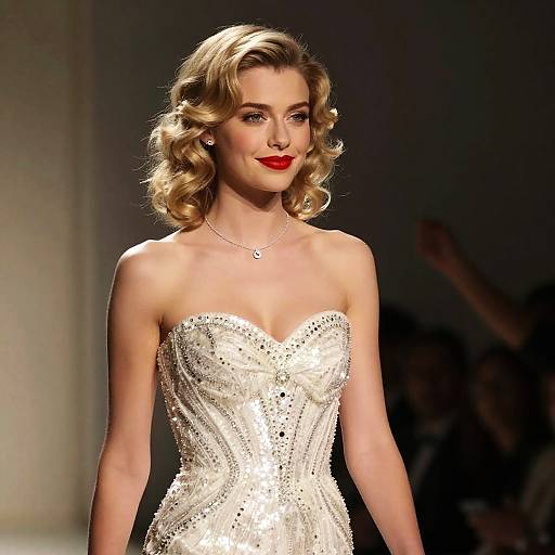Elegant Woman in Beaded Strapless Gown with Vintage Hollywood Waves