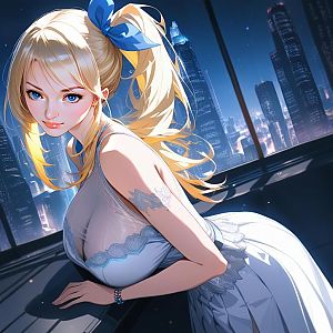 Anime Style Blonde Woman with Blue Ribbon in Futuristic City Night