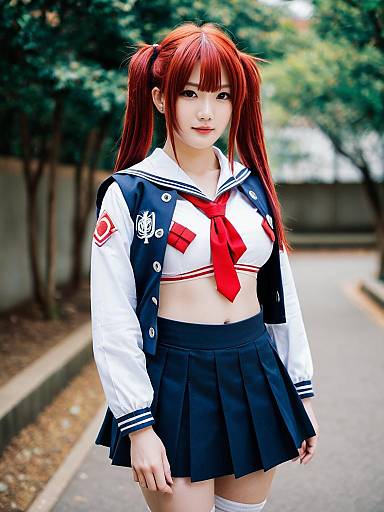 Red-Haired Woman in Japanese Schoolgirl Cosplay Outfit