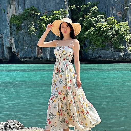 Woman in Floral Dress by Turquoise Water and Rocky Cliffs