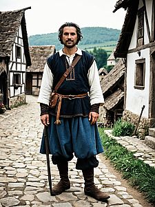 Man in Medieval Peasant Clothing Standing in Historical Village Street