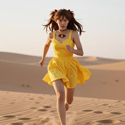 Woman in Yellow Dress Running on Desert Dunes