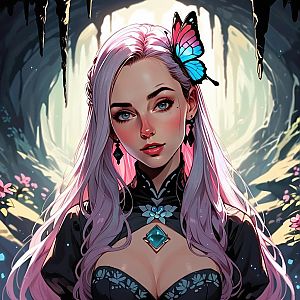 Fantasy Woman with Pastel Pink Hair in Cave