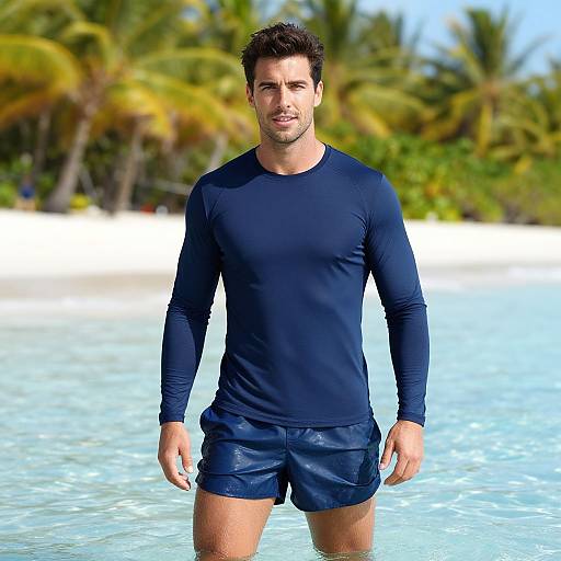 Man in Navy Blue Rash Guard and Swim Shorts at Tropical Beach