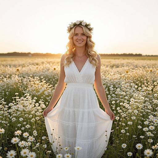 Woman in White Dress with Floral Crown in Daisy Field at Sunset