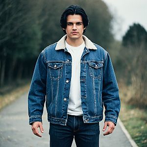 Young Man in Denim Jacket on Pathway