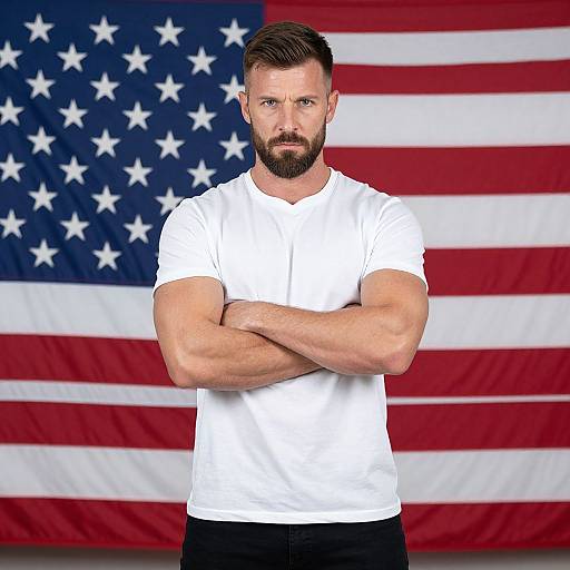 Confident Man in White T-Shirt Standing Before American Flag