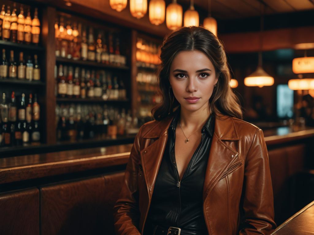 Serene beauty in stylish leather at a warmly lit bar