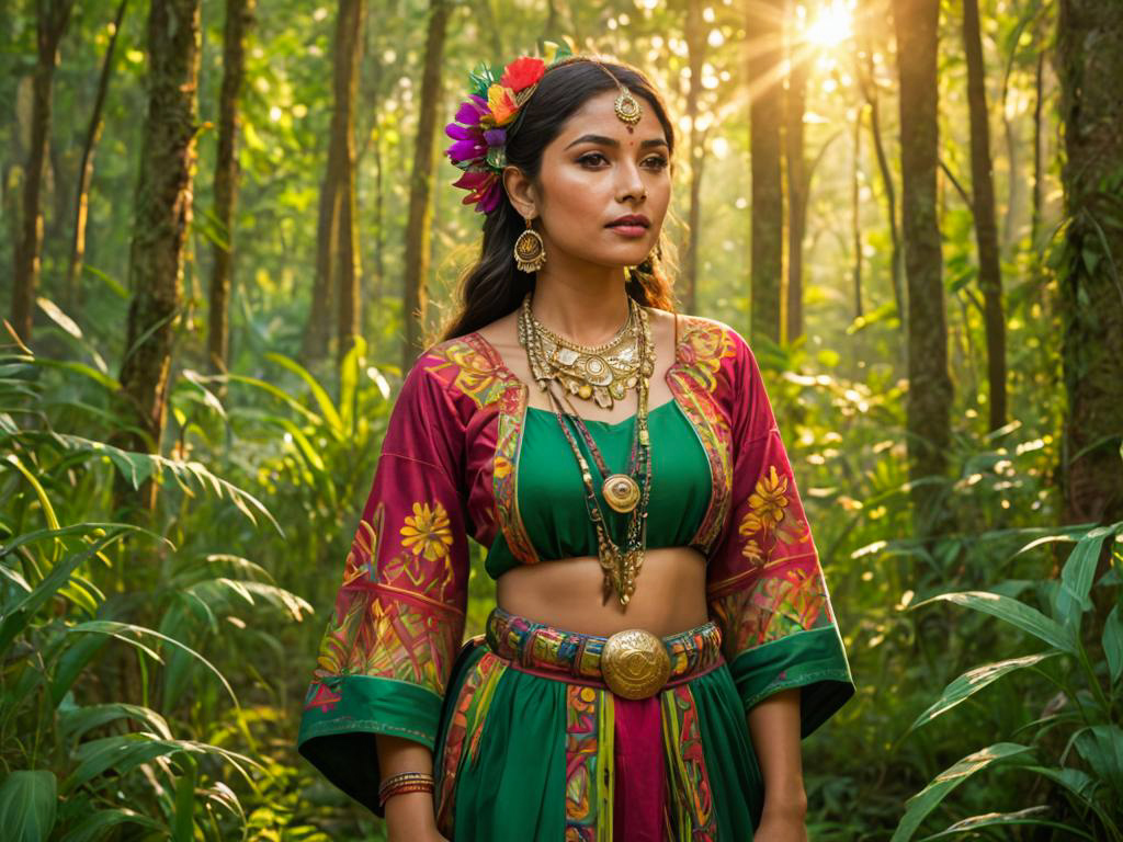 Indigenous Woman in Vibrant Attire in Forest