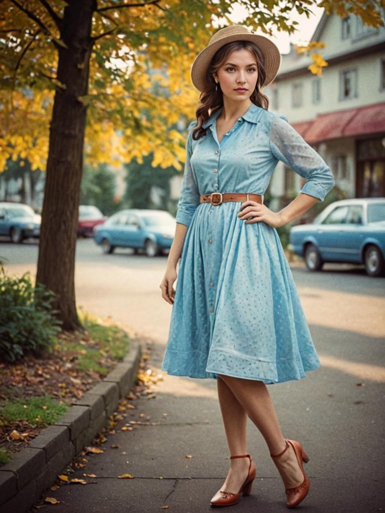 Woman in Vintage Blue Dress with Autumn Backdrop