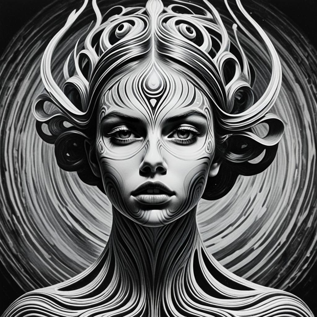 Surreal Black and White Portrait of Woman with Intricate Flowing Patterns
