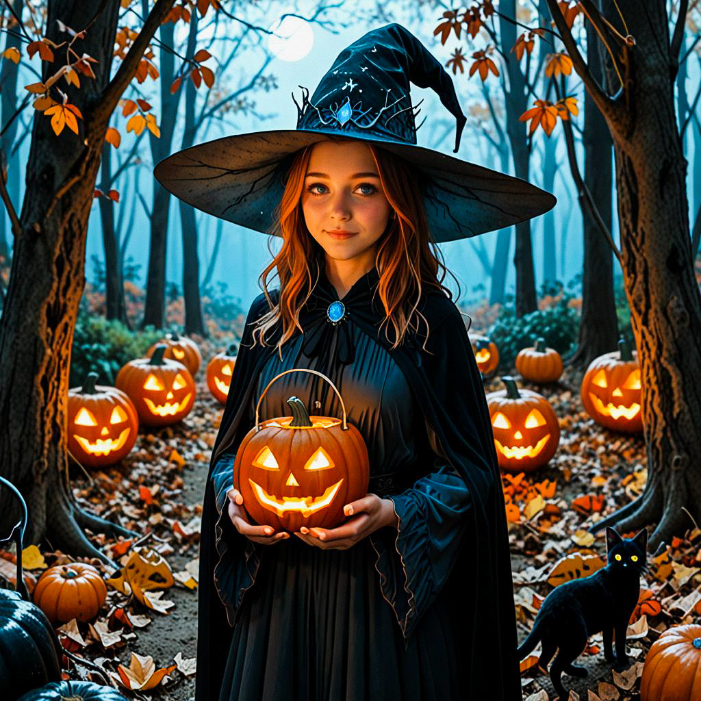 Witch in Autumn Forest with Jack-o'-Lanterns