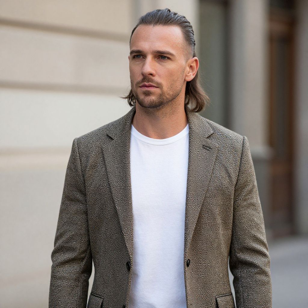 Stylish Man Wearing Textured Brown Blazer and White T-Shirt Outdoors