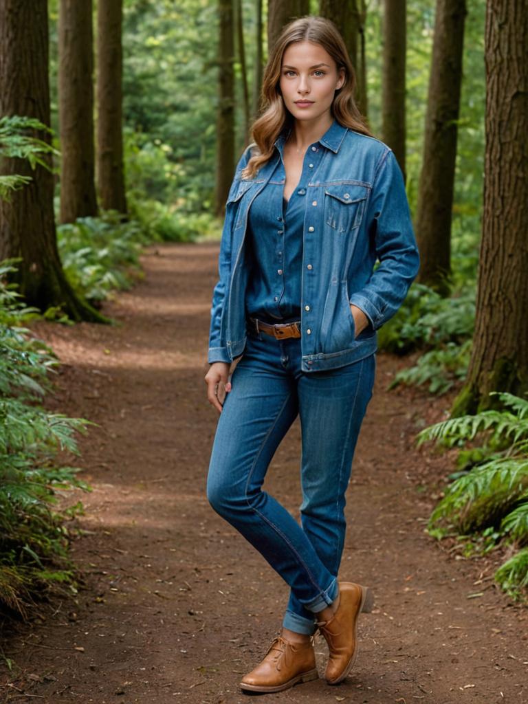 Confident Woman in Denim Outfit in Forest