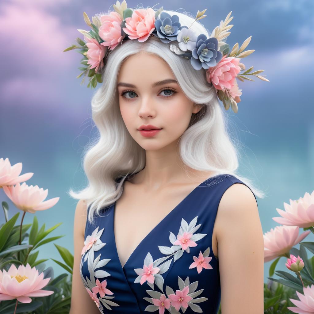 Young Woman in Floral Crown Against Pastel Backdrop