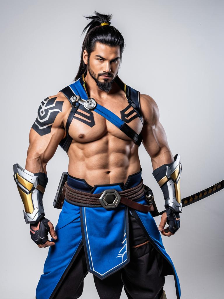 Hanzo Overwatch Cosplay Photo of Muscular Man in Blue Armor