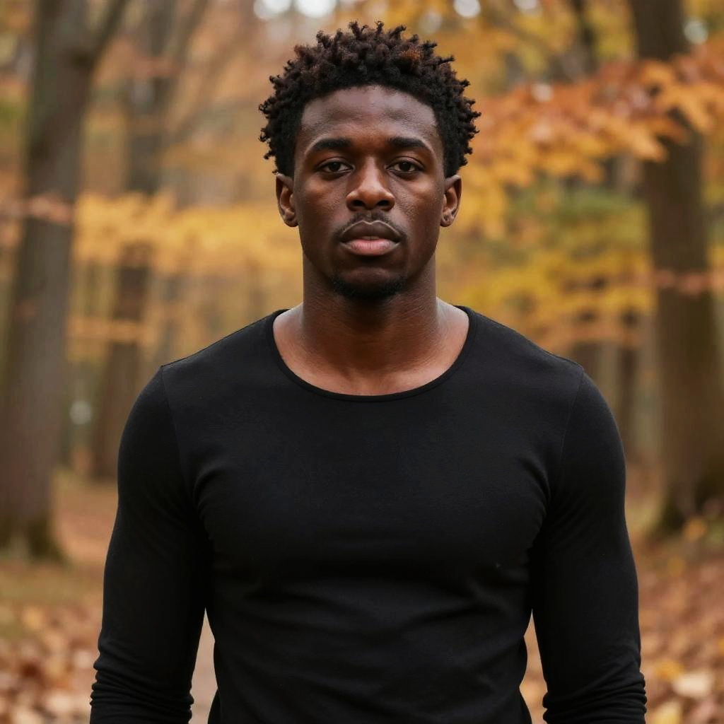Portrait of Confident Young Black Man in Autumn Forest Wearing Black Shirt